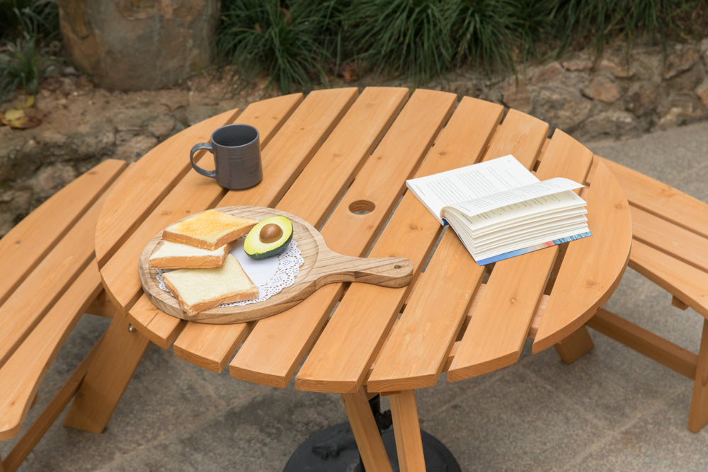 Wooden Outdoor Round Picnic Table with Bench for Patio, 6- Person with Umbrella Hole