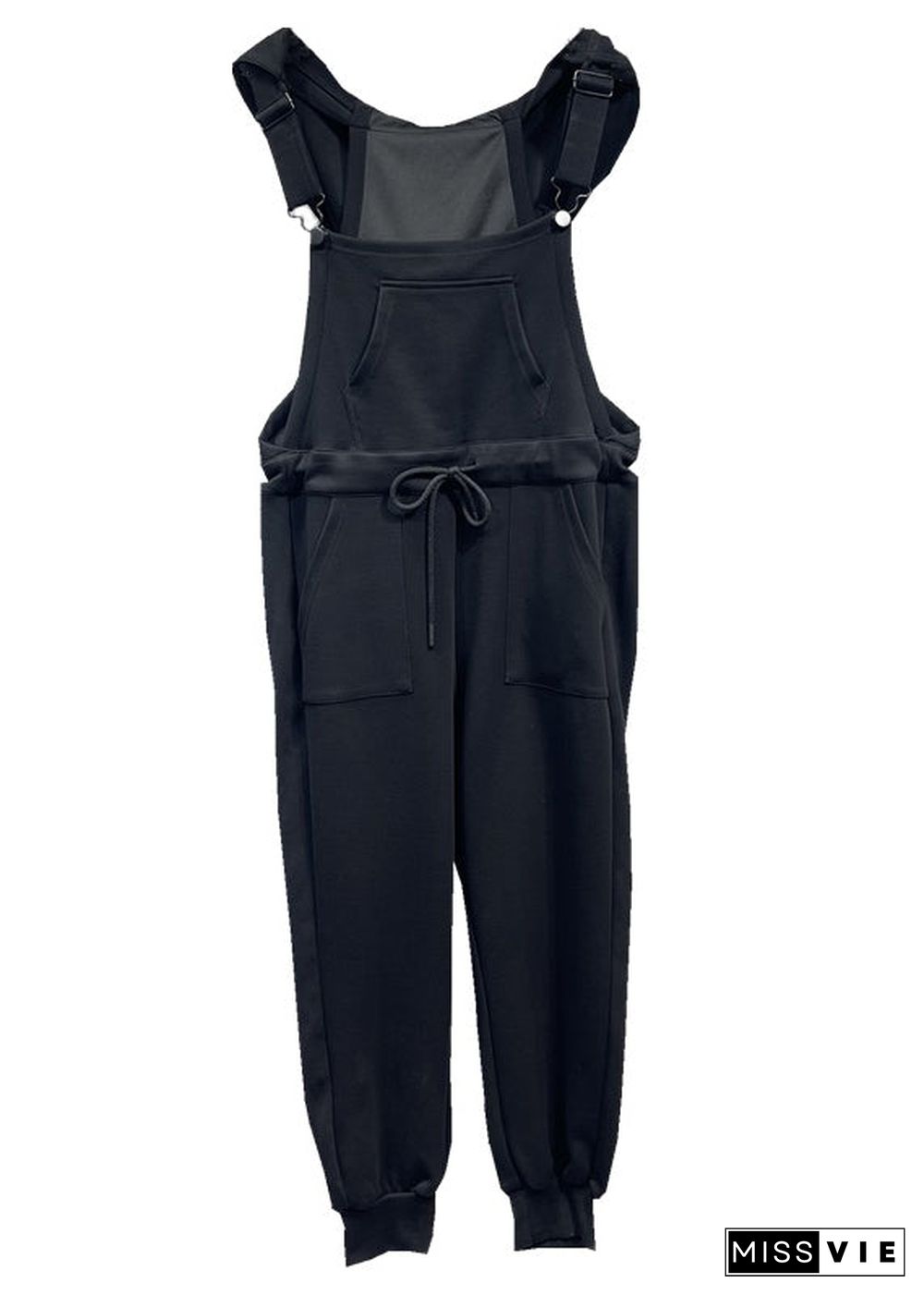 Women Black Pockets Drawstring Patchwork Cotton Overalls Jumpsuit Fall