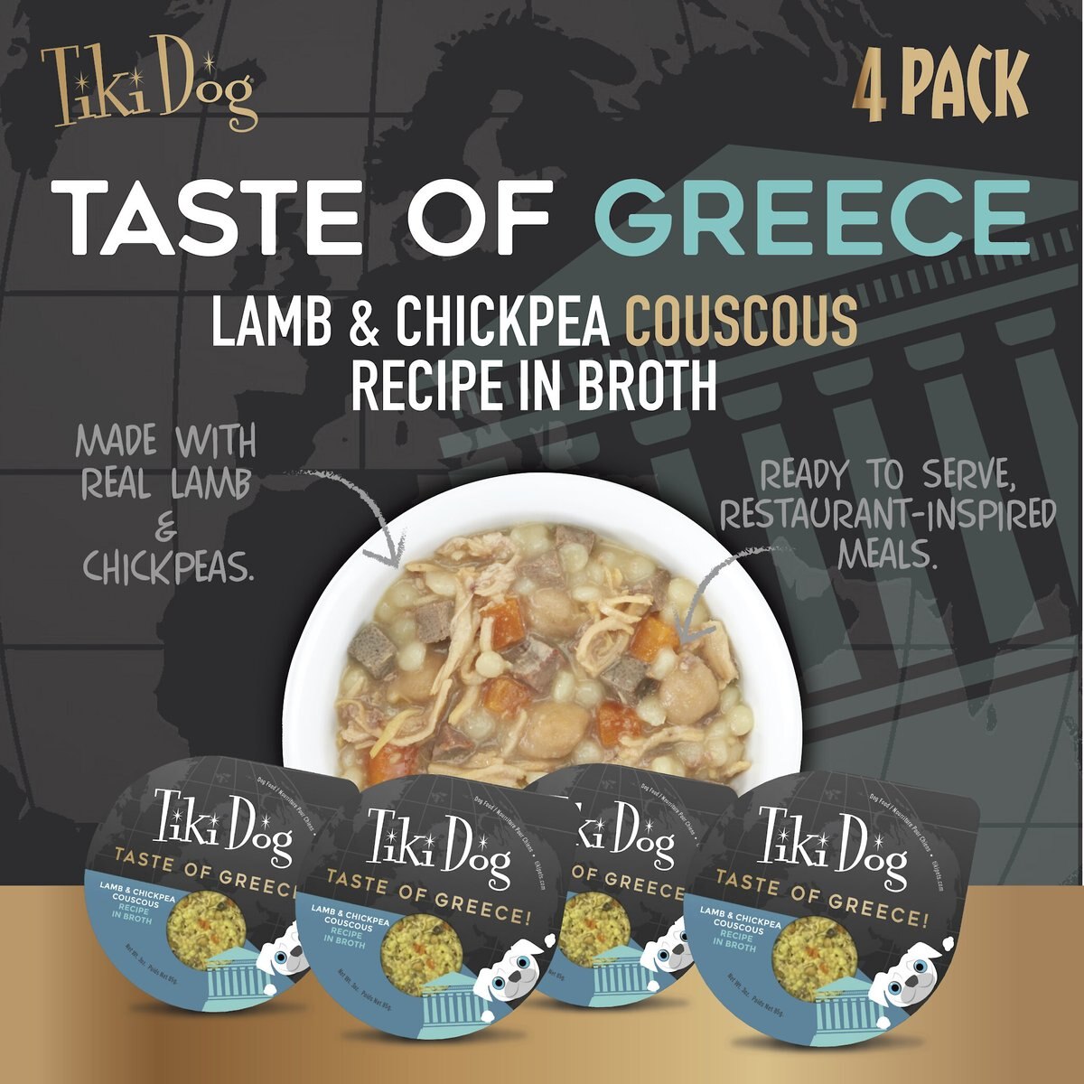 Tiki Dog Taste of Greece Lamb， Couscous and Chickpea Recipe in Broth Wet Dog Food， 3-oz cup， case of 4