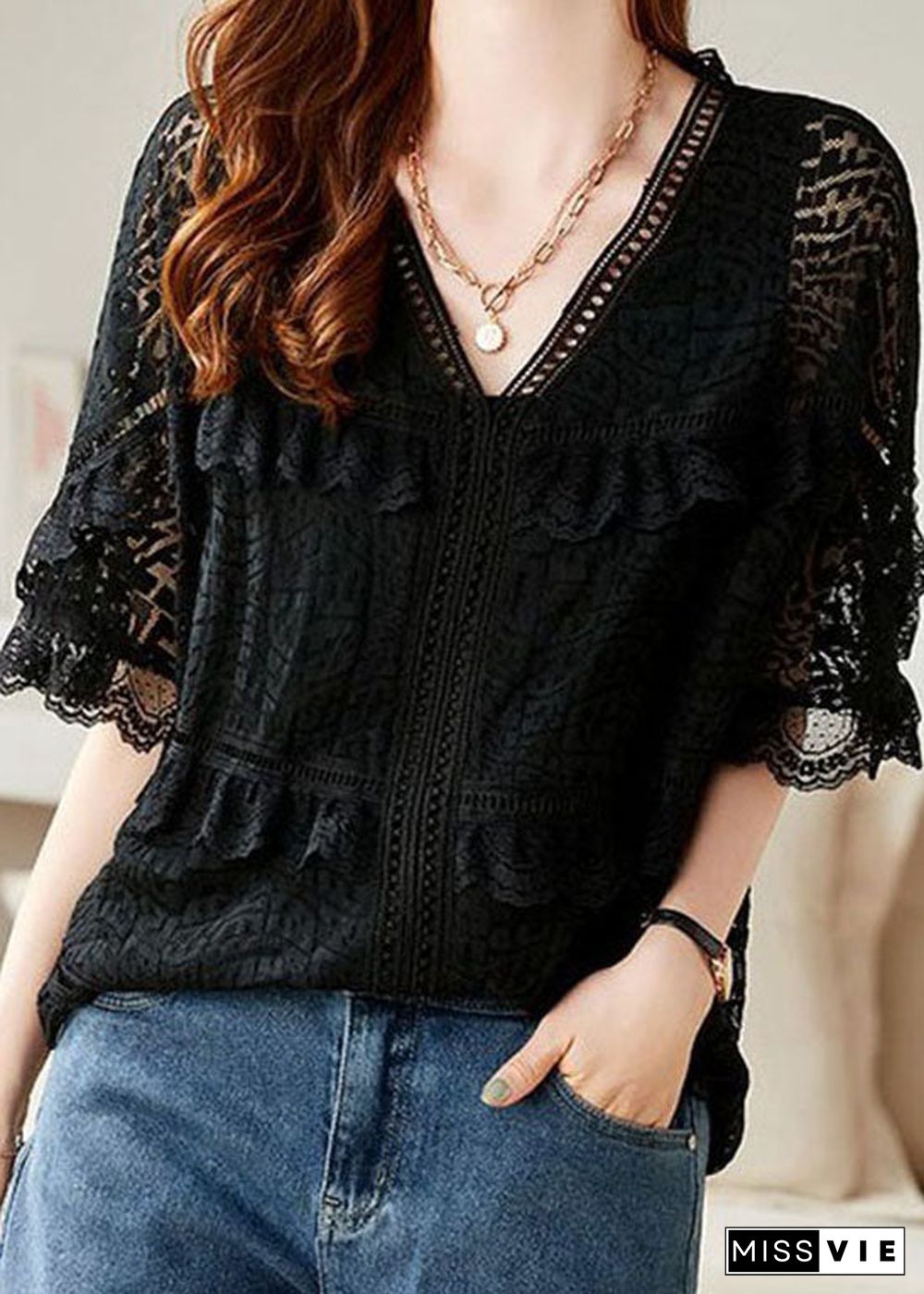 Organic Black V Neck Ruffled Embroideried Patchwork Lace Blouse Summer