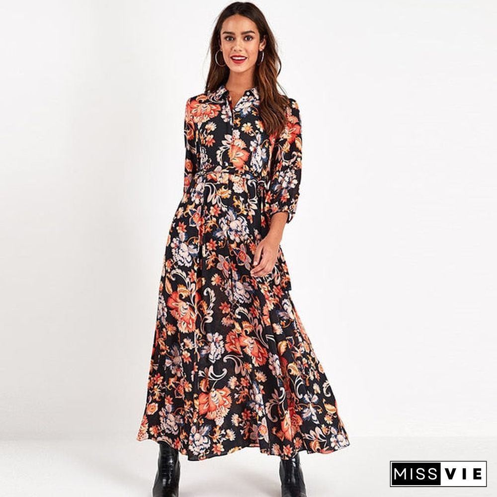 Aachoae Vintage Floral Print Maxi Dress Women Boho Three Quarter Sleeve Long Dress Turn Down Collar Casual Shirt Dresses Robe