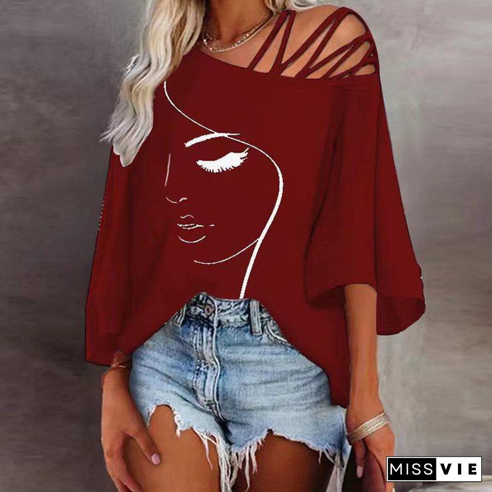 Women Sexy Hollow Out Straps Off Shoulder Tee Shirt Harajuku Half Sleeve Blusas Fashion Loose Casual Top Ladies Printed T-Shirts