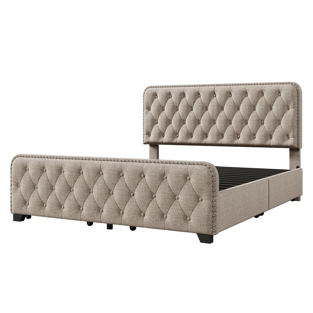 Upholstered Platform Bed Frame w/4 Drawers  Button Tufted Headboard   Footboard Sturdy Metal Support