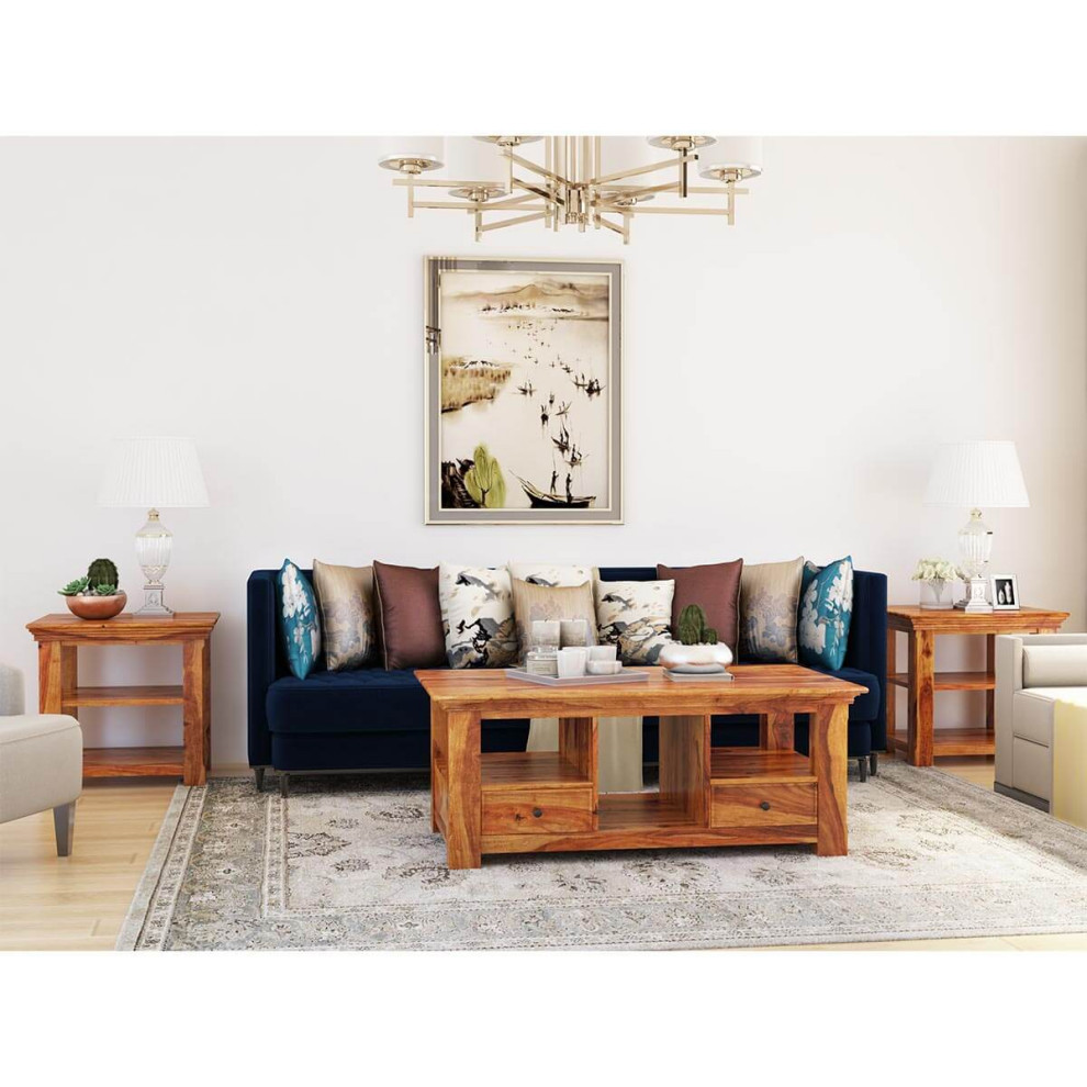 Priscus Midcentury Solid Wood 3 Piece Coffee Table Set With Drawers   Rustic   Coffee Table Sets   by Sierra Living Concepts Inc  Houzz