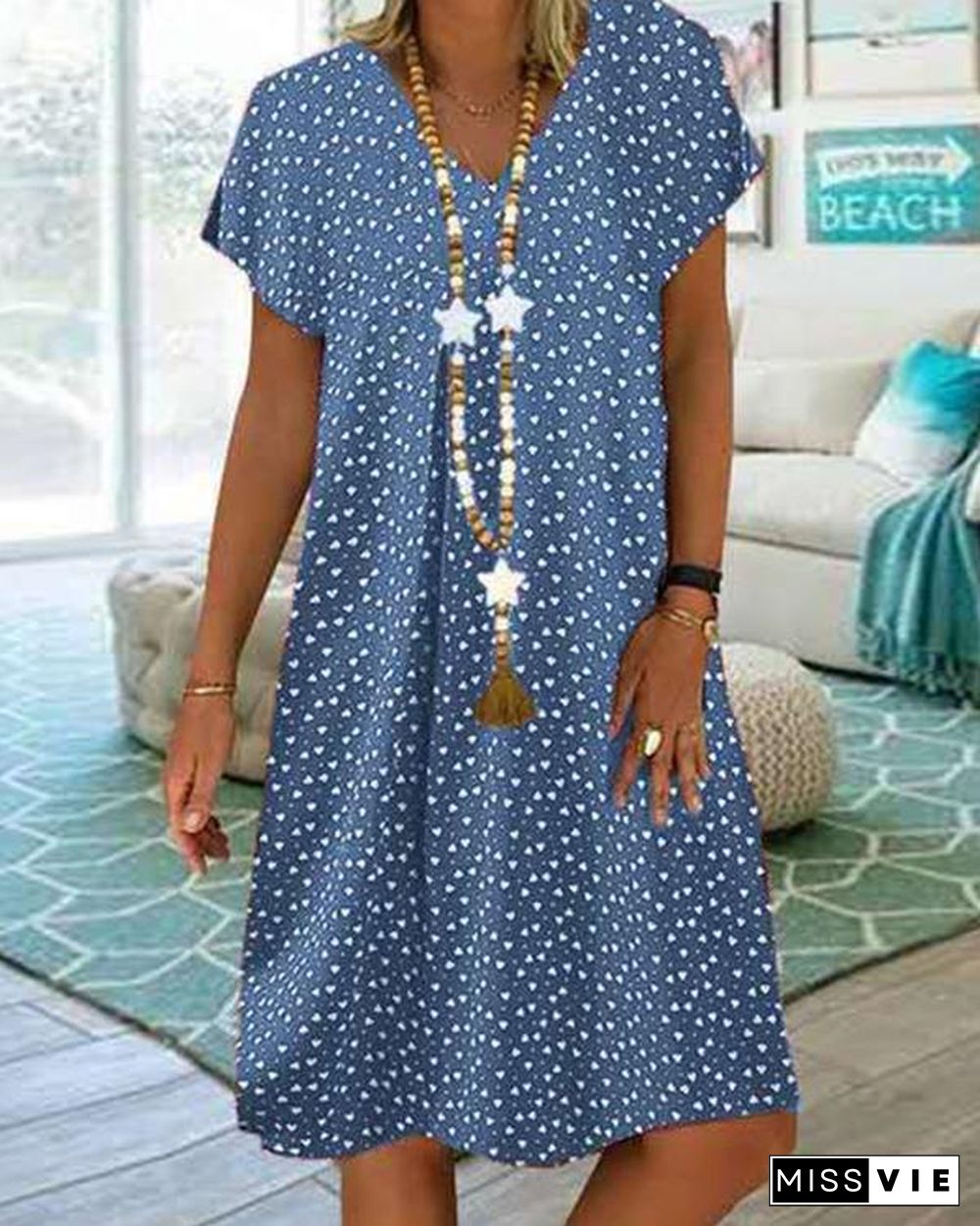 Women Casual Short Sleeve V-neck Polka Dot Printed Dress