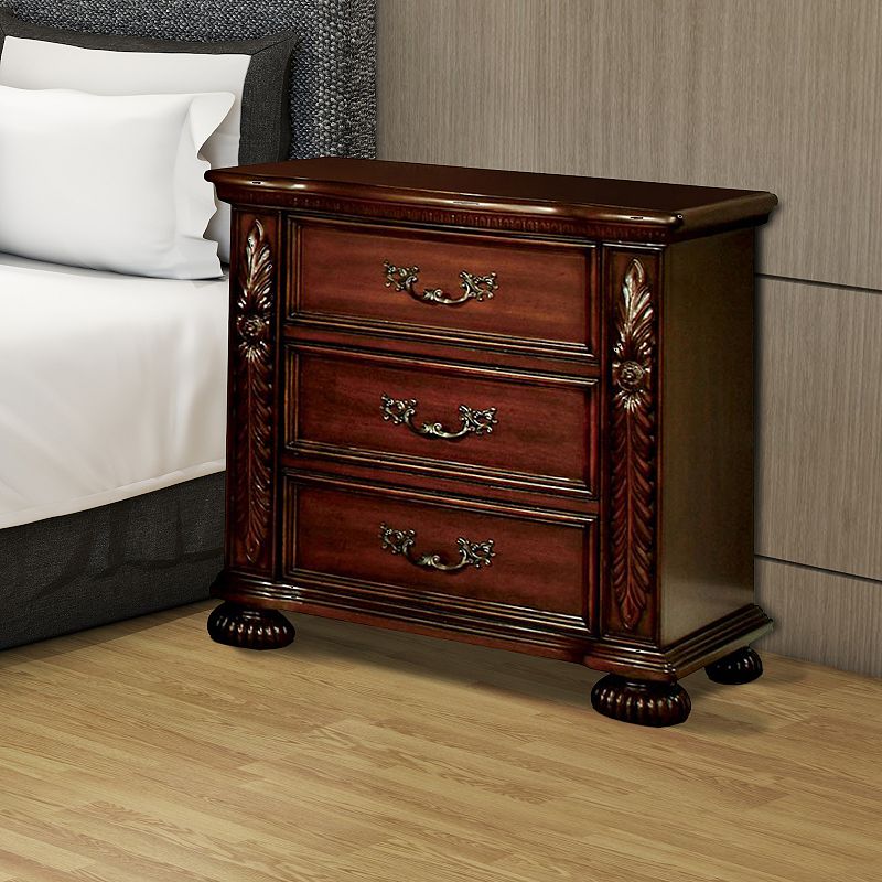 3 Drawer Wooden Nightstand with Antique Metal Handles and Bun Feet， Brown