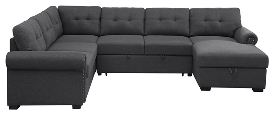 Alexent Classic Sectional Sleeper Sofa w Storage Chaise Lounge  Dark Grey   Transitional   Sleeper Sofas   by Homesquare  Houzz