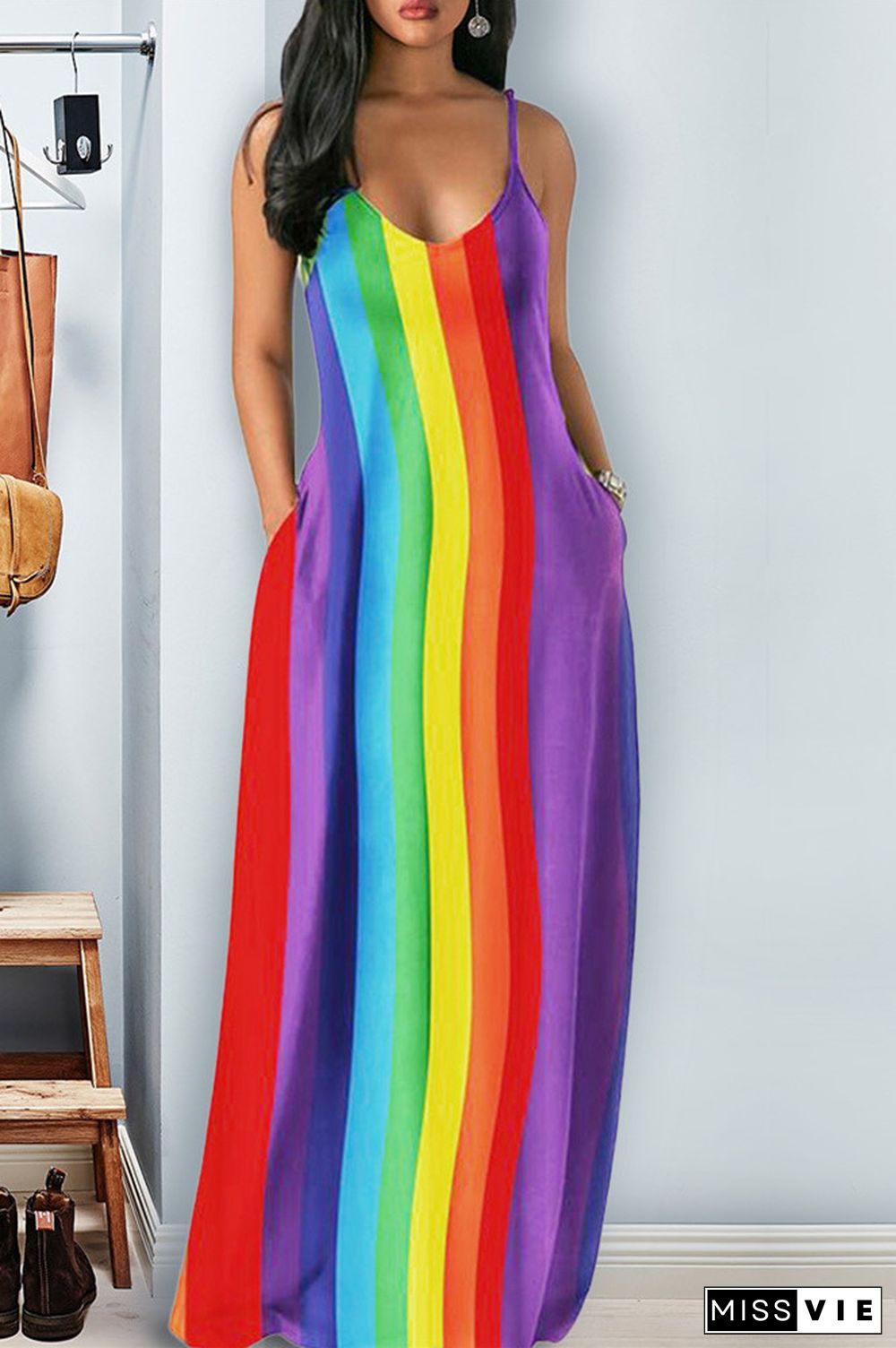 Rainbow Stylish Casual Striped Dress