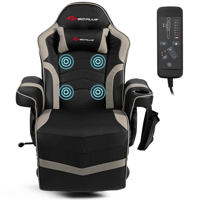 PU Leather Massage Gaming Chair, Ergonomic High Back Racing Style Gaming Recliner with Adjustable Backrest & Footrest, Cup Holder, Side Pouch