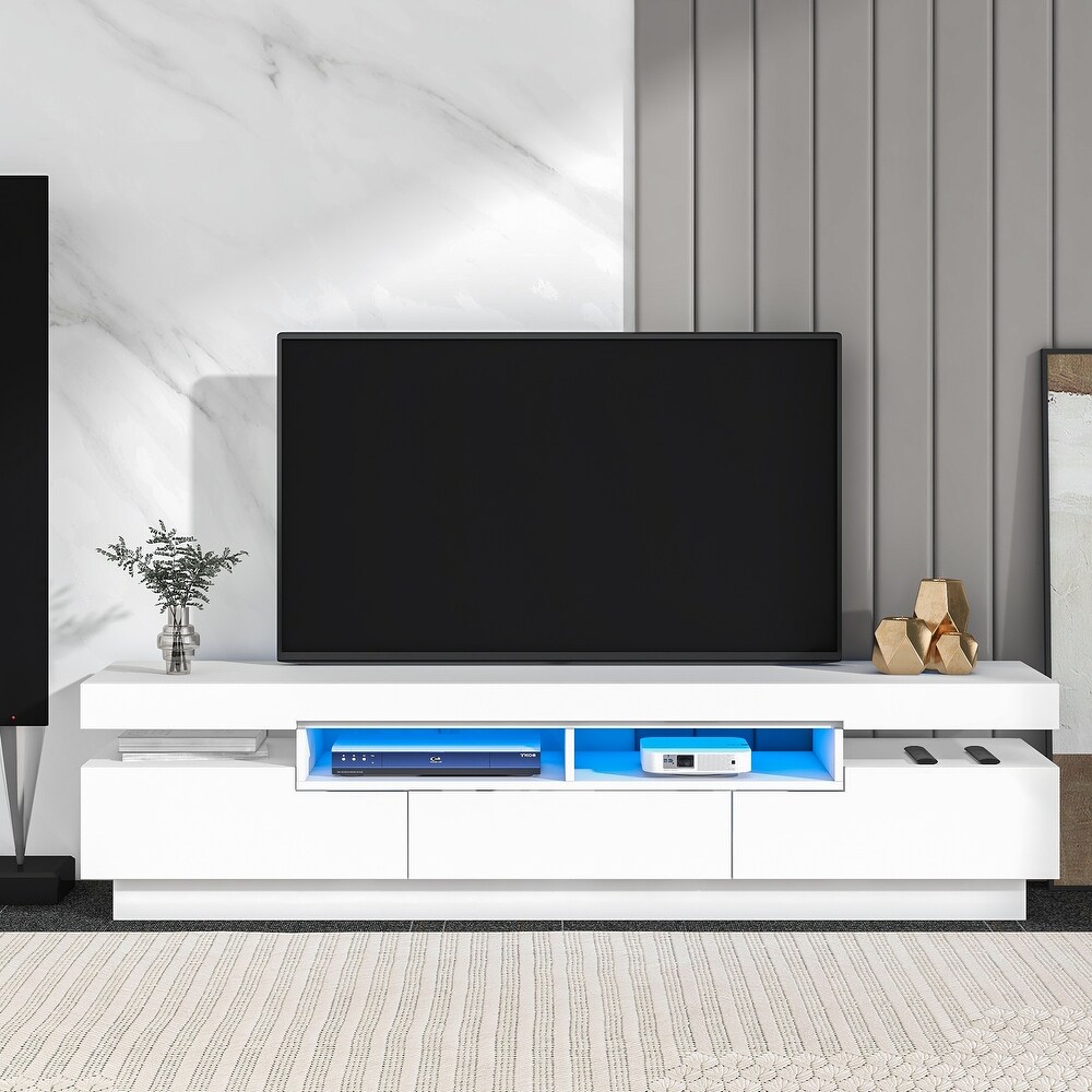 Modern White TV Stand High Gloss Entertainment Center with 4 Open Shelves for 75\