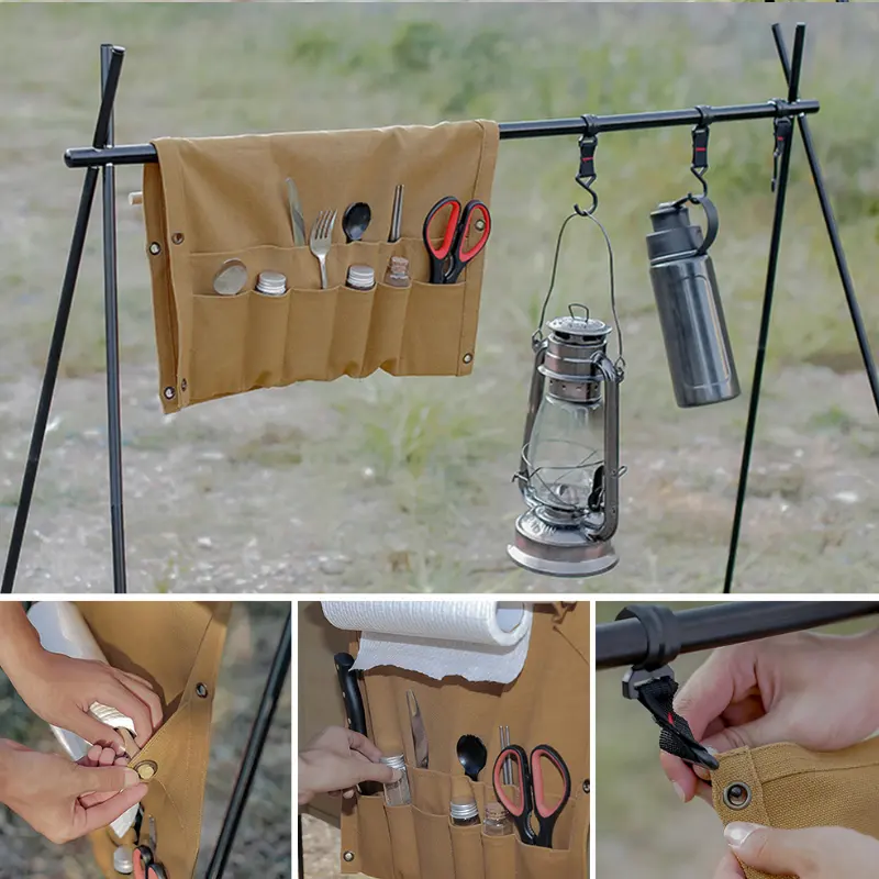 Camping Tableware Storage Bag Multi Pockets Canvas Storage Rack Portable Towel Pouch BBQ Picnic Cutlery Hanging Holder Organizer