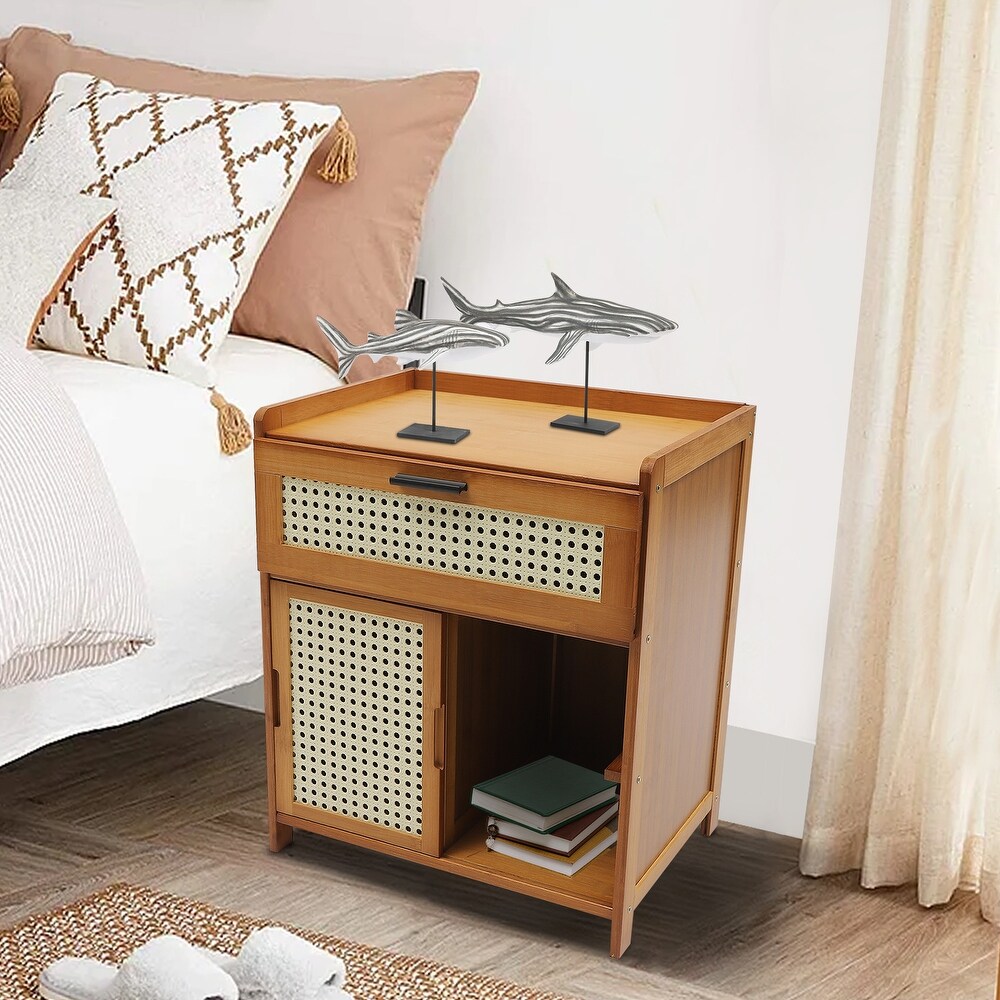 Bamboo Nightstand with Drawer and Shelf Bohemian Bedside Tables