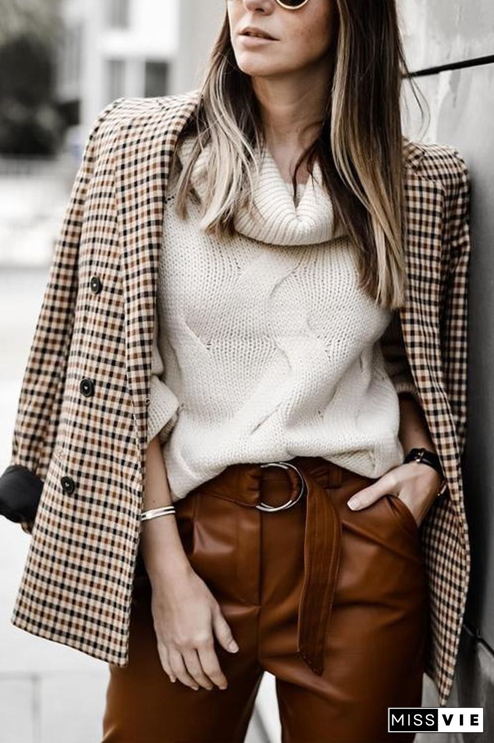 Plaid Button Long Sleeve Blazer