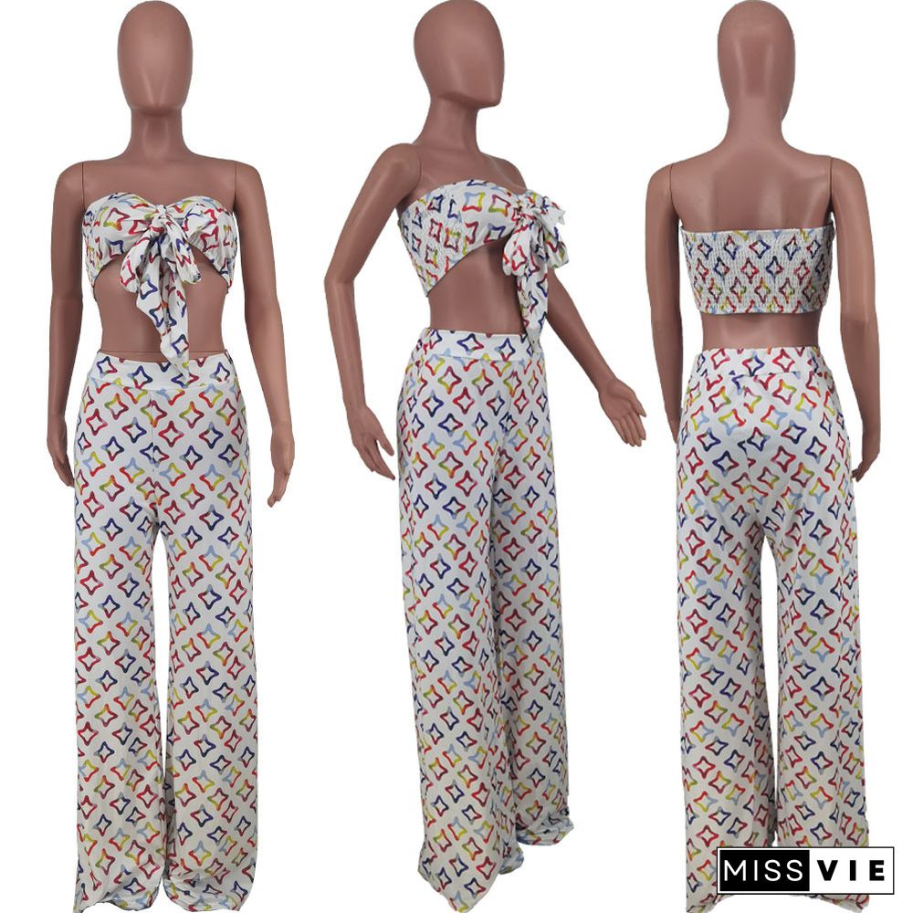 Summer Women Print Sleeveless Strapless Bandage Crop Tops Wide Leg Pants Streetwear 2 Piece Sets