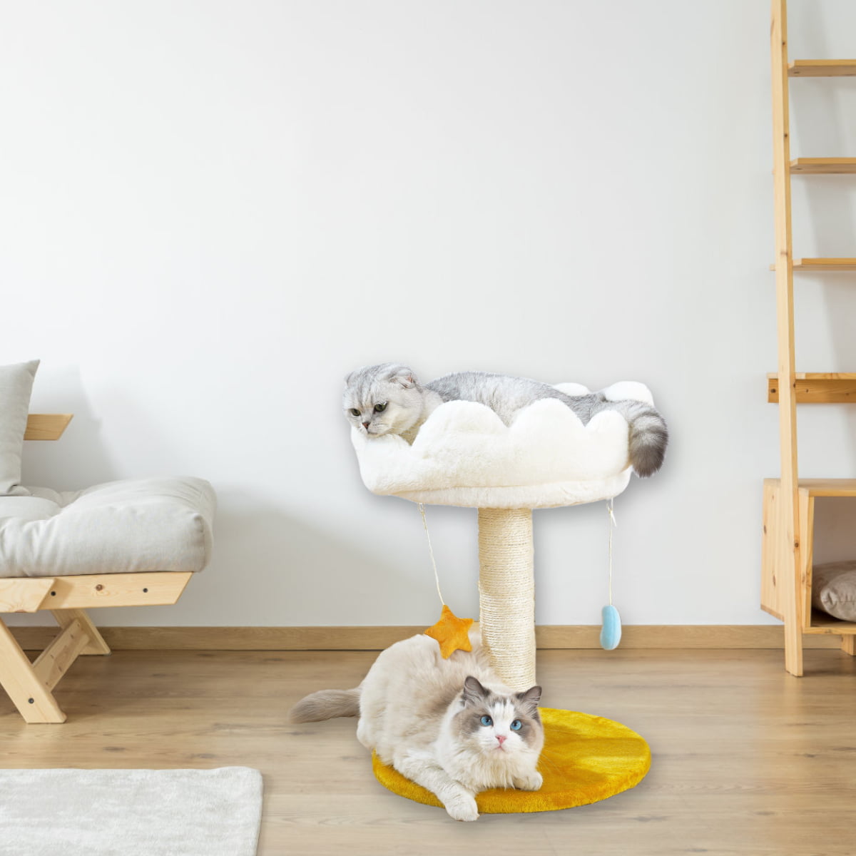 Happi N Pets Cloud Cat Scratching Post with Bed， 2 -Level Cat Tree， Nature Sisal Cat Scratcher with Soft Perch for Kitten and Adult Cats， Small Cat Tower with Toys， Stable Cat Furniture