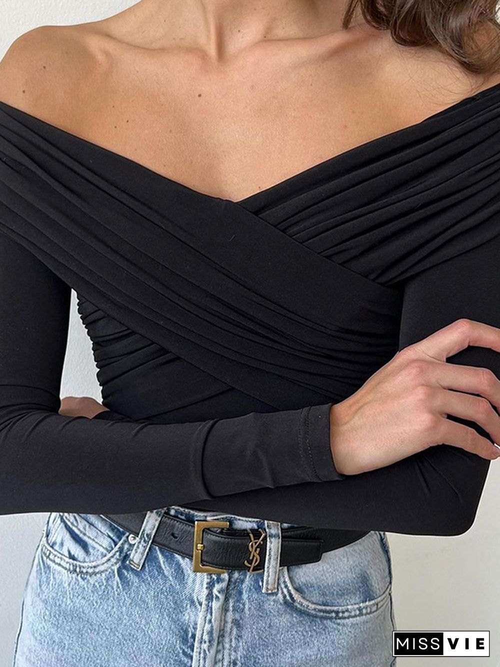 Solid Crossover Pleated Long Sleeve Tee