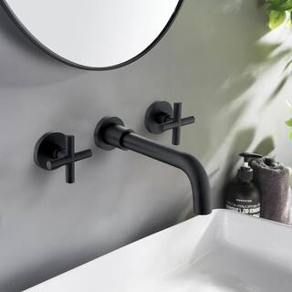 Hlihome 2 Cross Handle Wall-Mount Bathroom Faucet in Matte Black RBDK-9078-MB