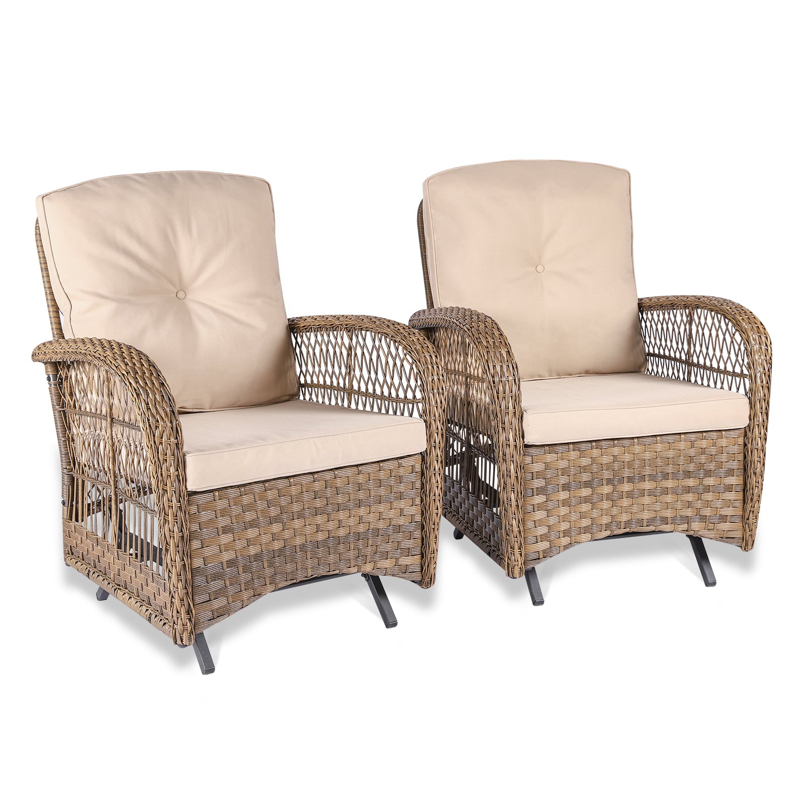 MEETWARM Outdoor Patio Wicker Rocking Glider Set of 2, All-Weather Rattan Patio Rocking Chairs with Thickened Cushions, Glider Patio Chair for Porch Garden & Backyard, Brown