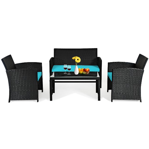 Tangkula 4 Piece Outdoor Patio Rattan Furniture Set Turquoise Cushioned Seat For Garden Porch Lawn