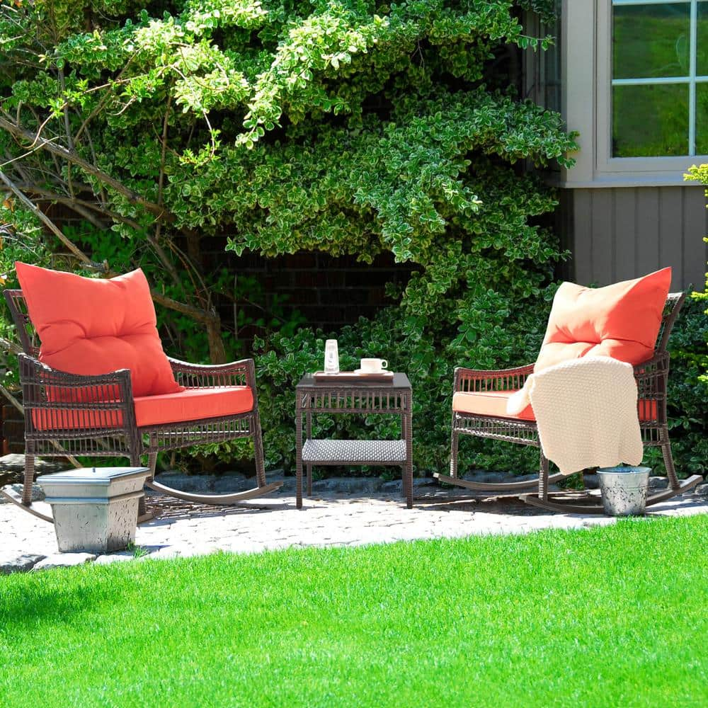 VEIKOUS Dark Brown 3-Piece Patio Wicker Outdoor Rocking Chair Set with Orange Cushions and Pillows HW007-1