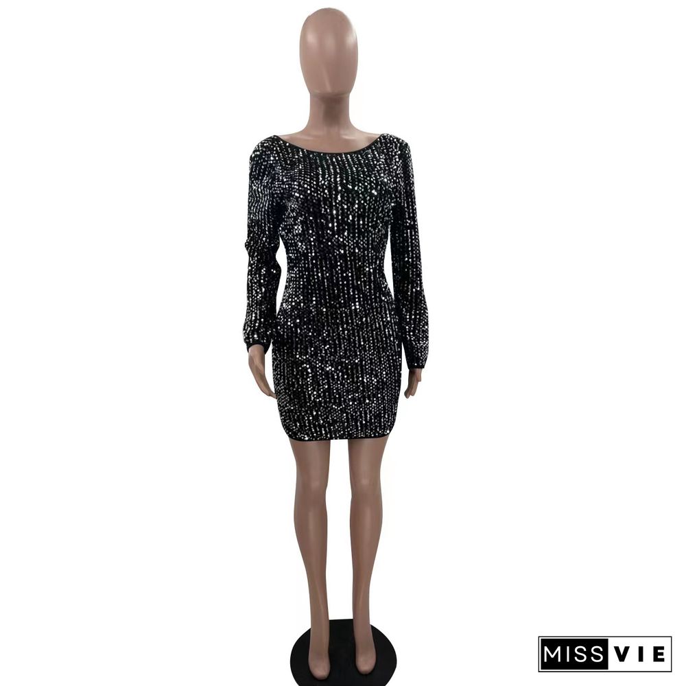 Elegant Sequins Long Sleeve Backless Mini Dress