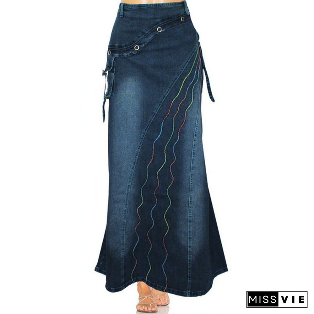 Women Fashion Casaul Stretch Cargo Denim Skirt Bell Skirt Floor Length Washed Denim Jeans Skirt Plus Size