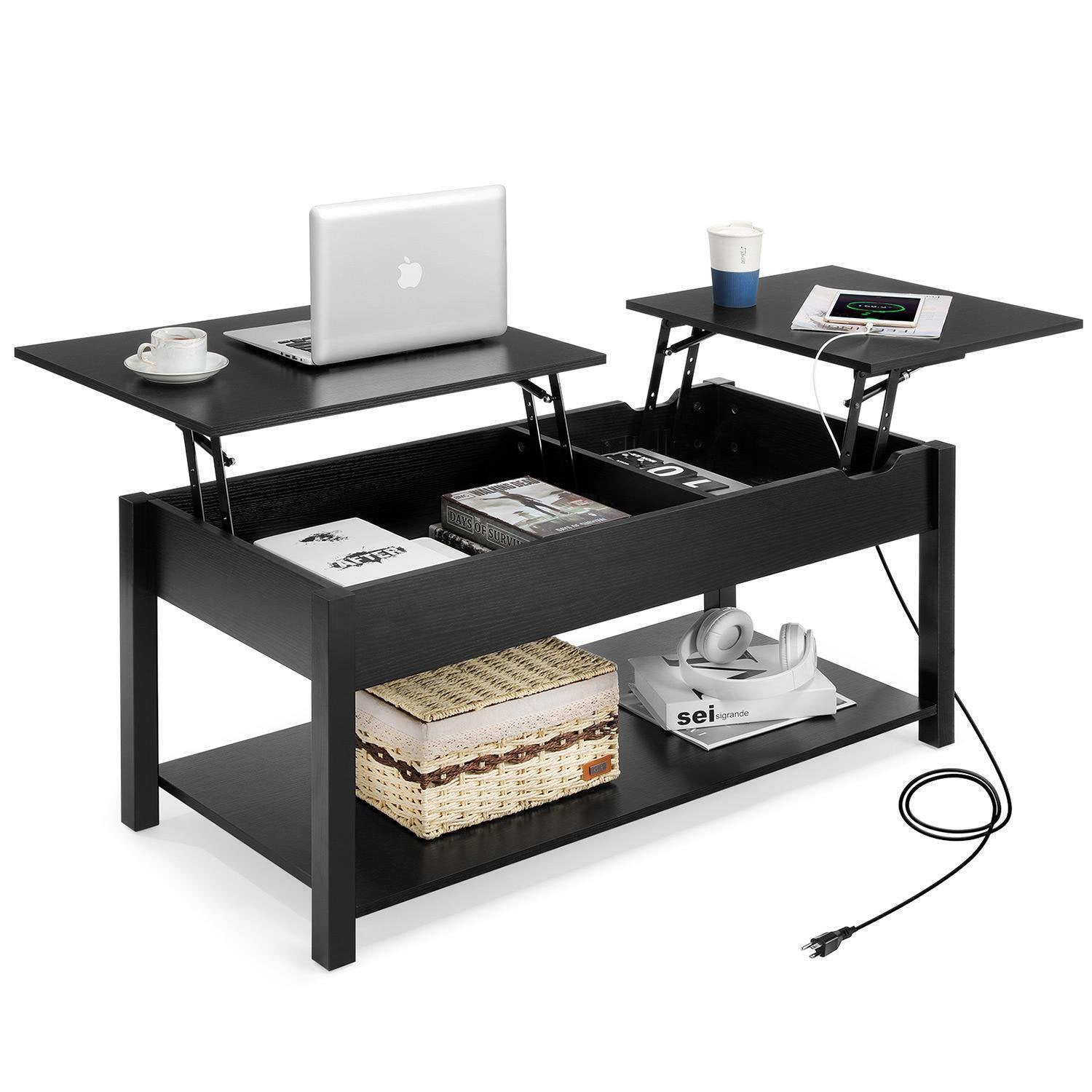 42.5'' Lift-Top Coffee Table With Hidden Storage And Side Drawer Living Room End Table USB (Black)