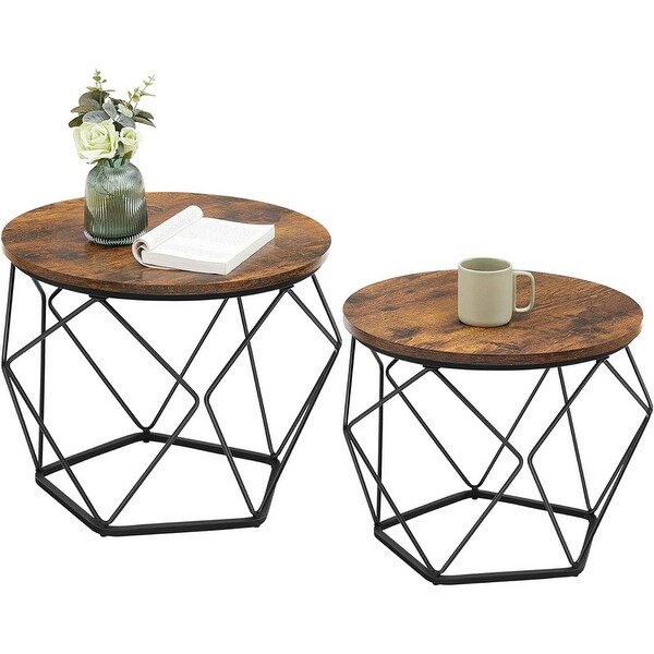 Small Coffee Table Set of 2，Round Coffee Table，Rustic Brown and Black