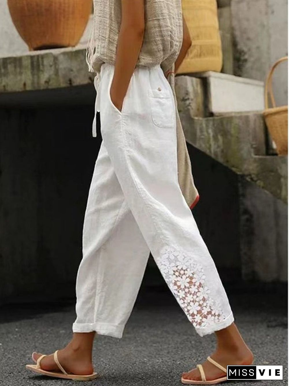 Women's Loose Casual Trousers Solid Lace Pants