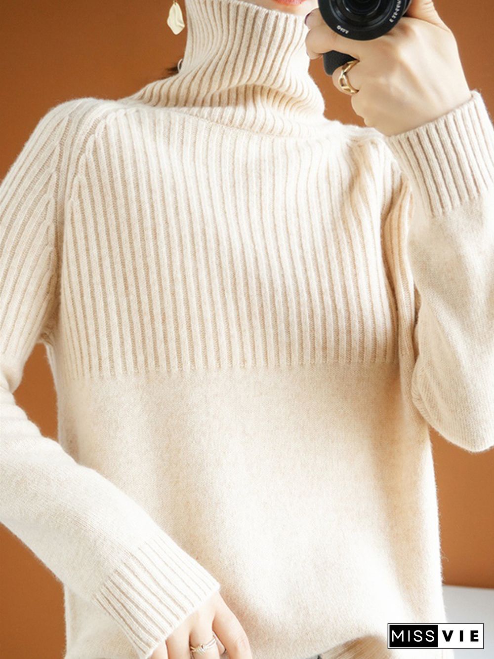 Casual Long Sleeves Loose Solid Color High-Neck Sweater Tops