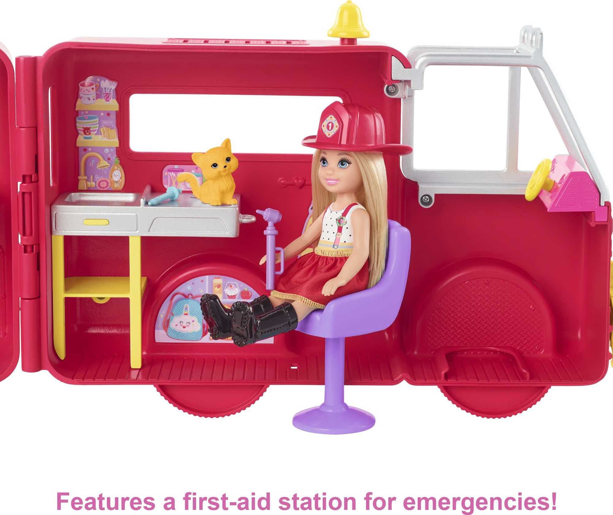 Barbie Chelsea Can Be Fire Truck Playset with Blonde Doll, 2 Pets and 15+ Accessories, Open for Station