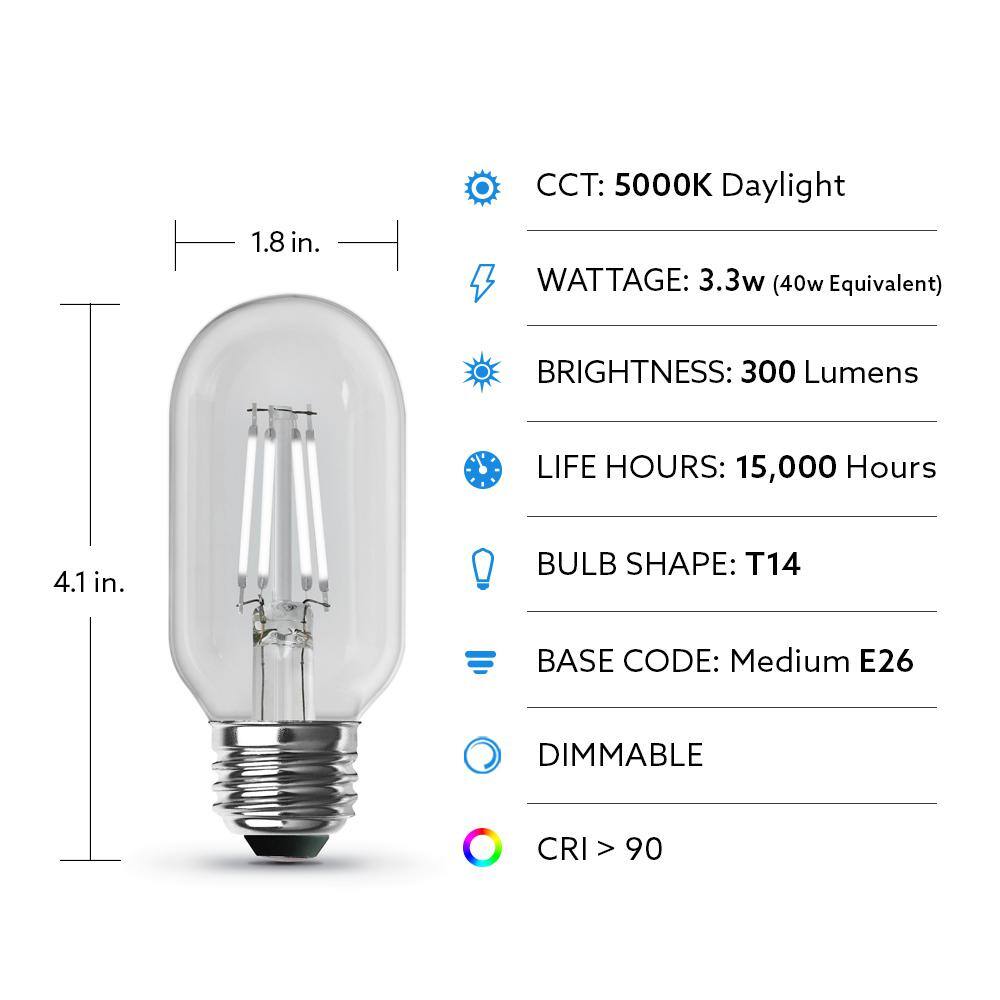 Feit Electric 40-Watt Equivalent T14 Dimmable Straight Filament Clear Glass Vintage Edison LED Light Bulb Daylight (4-Pack) T1440950CAHDRP4