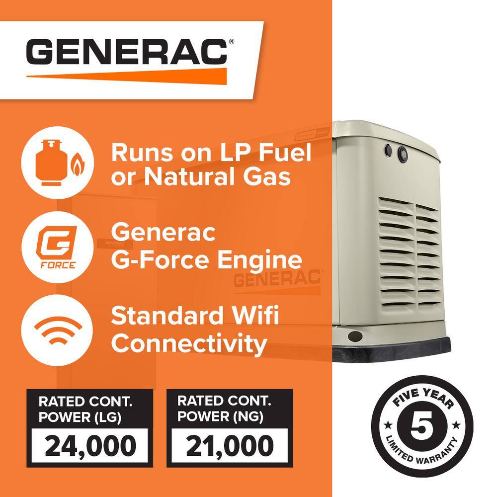 Generac Guardian 24000-Watt (LP)21000-Watt (NG) Air-Cooled Whole House Generator with Wi-Fi and 200-Amp Transfer Switch 72101