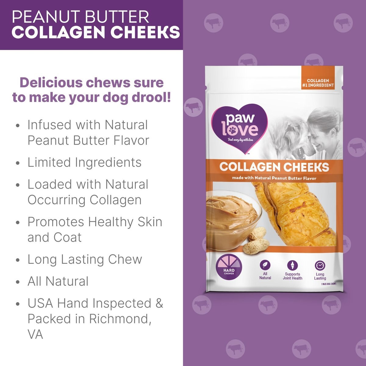 PawLove 5-in Peanut Butter Beef Collagen Cheeks Dog Treat