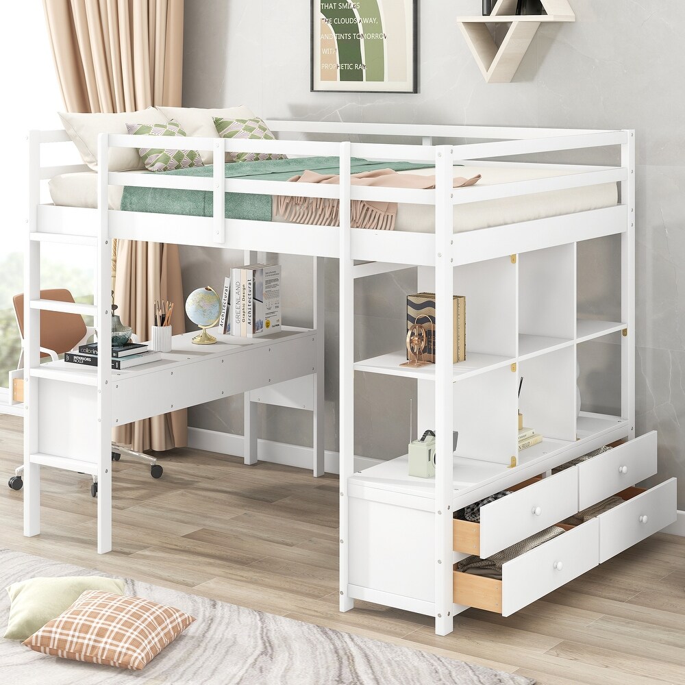 Full Size Loft Bed with Built in Desk with Storage Shelves   Drawers