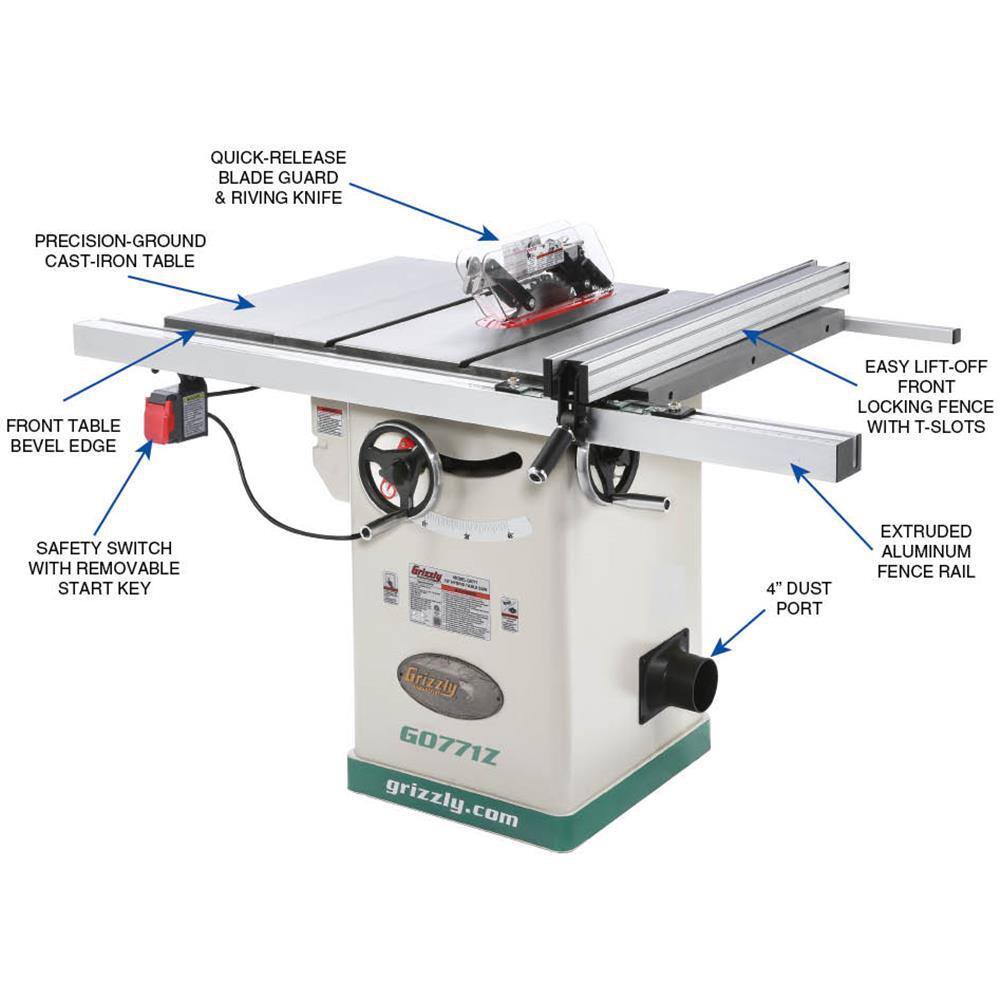 Grizzly Industrial 10 in. 2 HP 120-Volt Hybrid Table Saw with T-Shaped Fence G0771Z