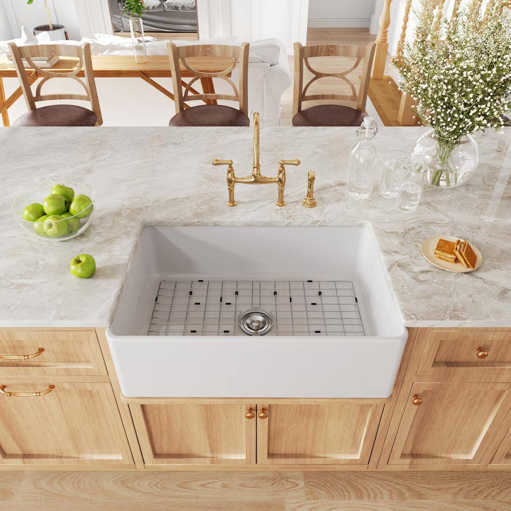 HOROW White Fireclay 30 in. x 20 in. Single Bowl Farmhouse Apron Front Kitchen Sink with Bottom Grid and Strainer HR-F3020