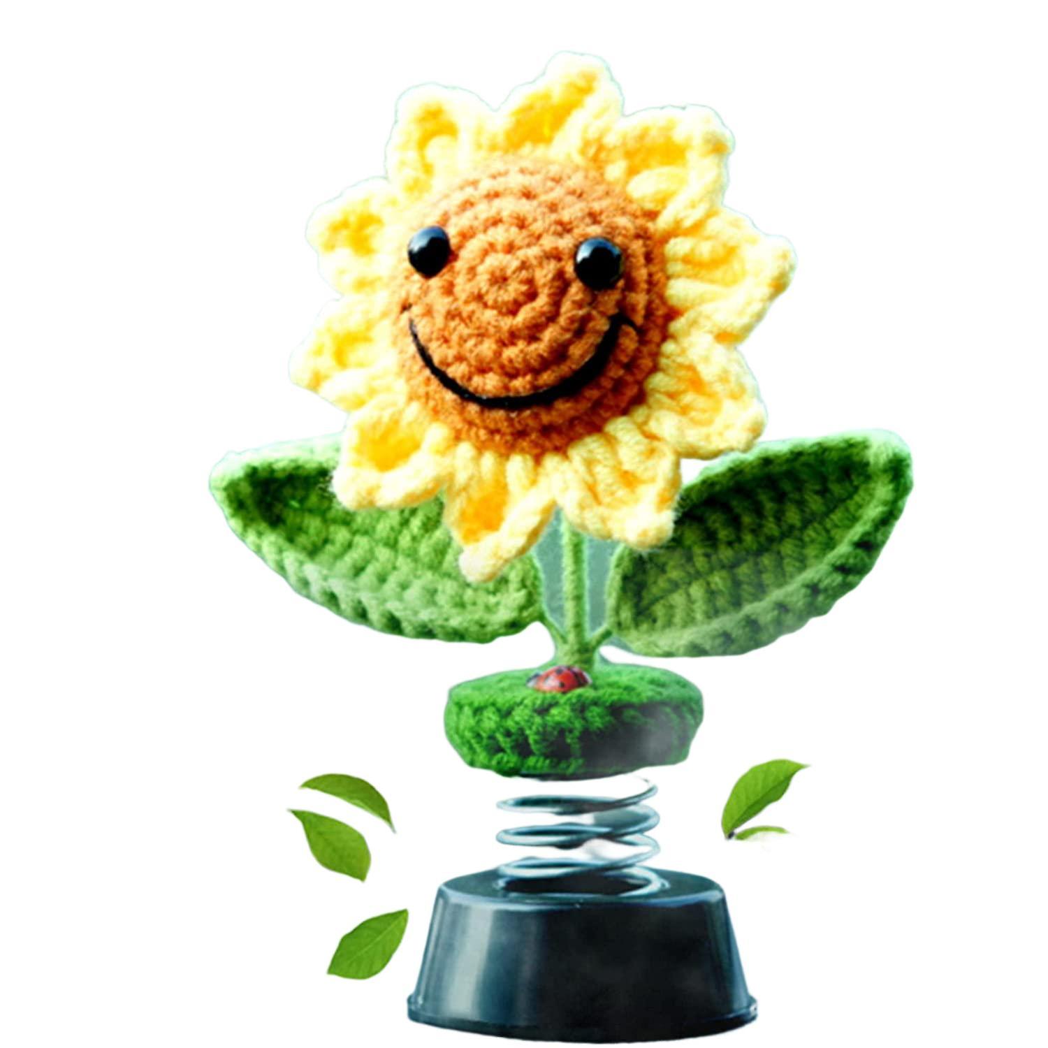 Sunflower Car Accessories Dashboard Decorations， Crochet Smiley Shaking Sun Flowers Bobblehead Dashboard Car Decor For Women， (handmade Knitted)