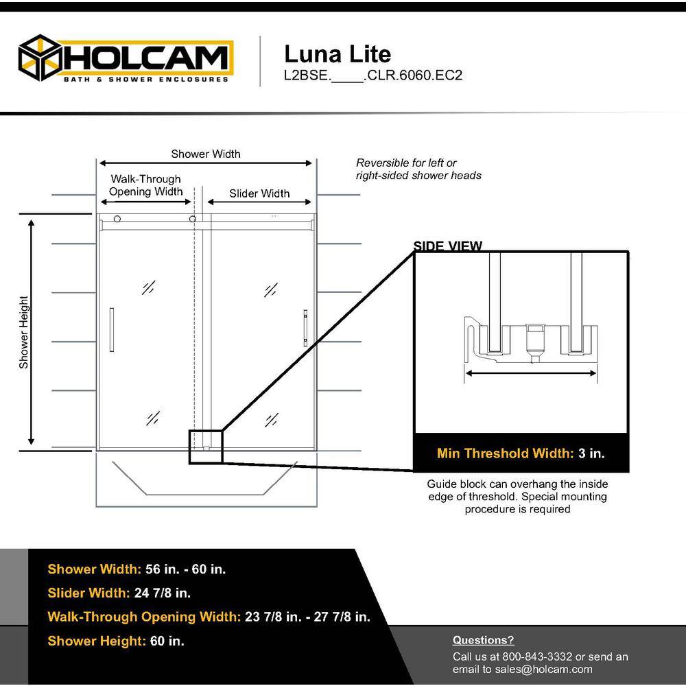 Holcam Luna Lite 60 in. W x 60.5 in. H Bypassing Frameless Bathtub Sliding Door in Brushed Gold Finish with Clear Glass L2BTE.BGD.CLR.6060.EC2