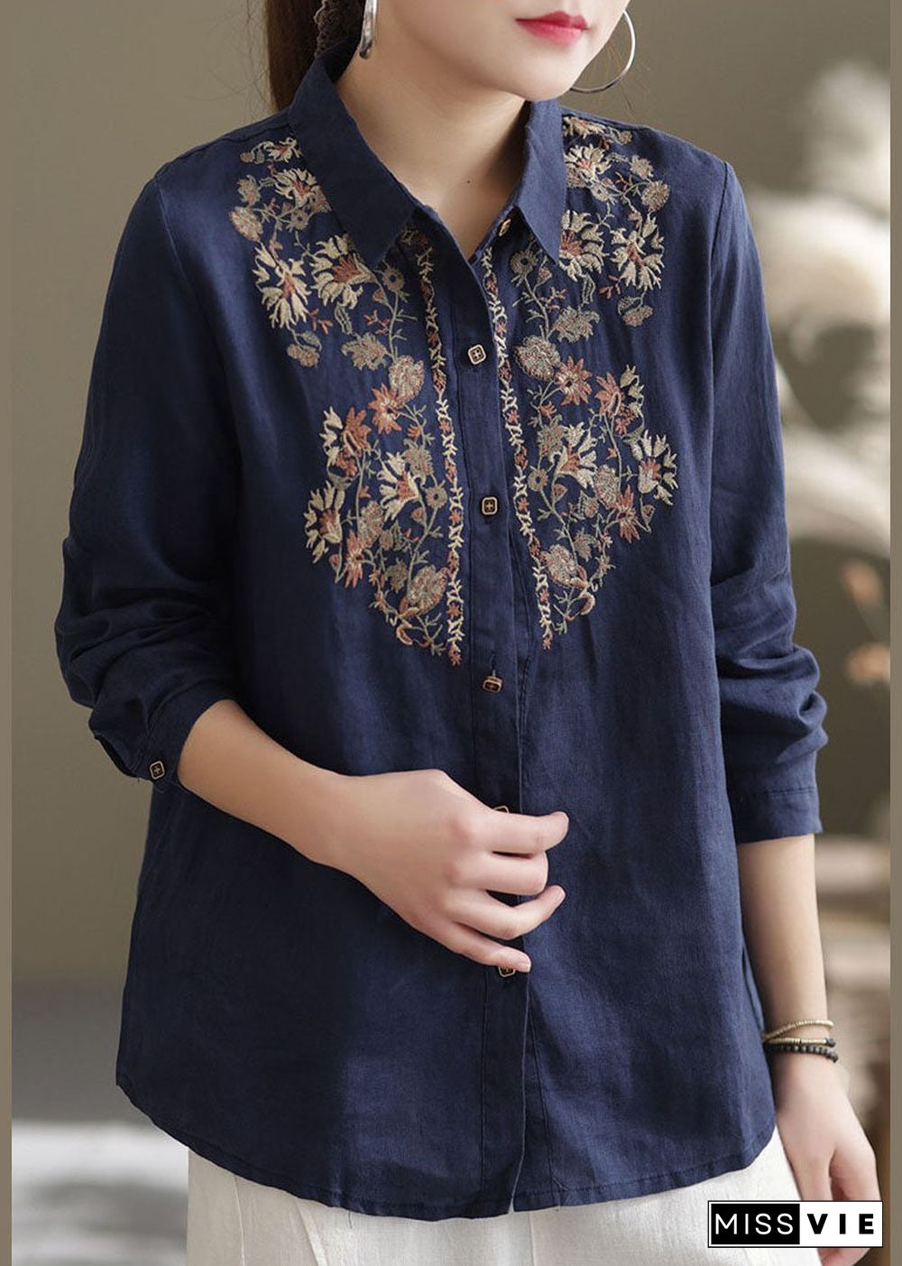 Navy Linen Shirt Top Turn-down Collar Embroideried Spring