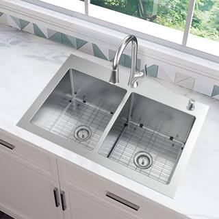 Glacier Bay AIO Dolancourt 33 in. Drop-inUndermount Double Bowl 18 Gauge Stainless Steel Kitchen Sink with Pull-Down Faucet VDR3322A0PA1