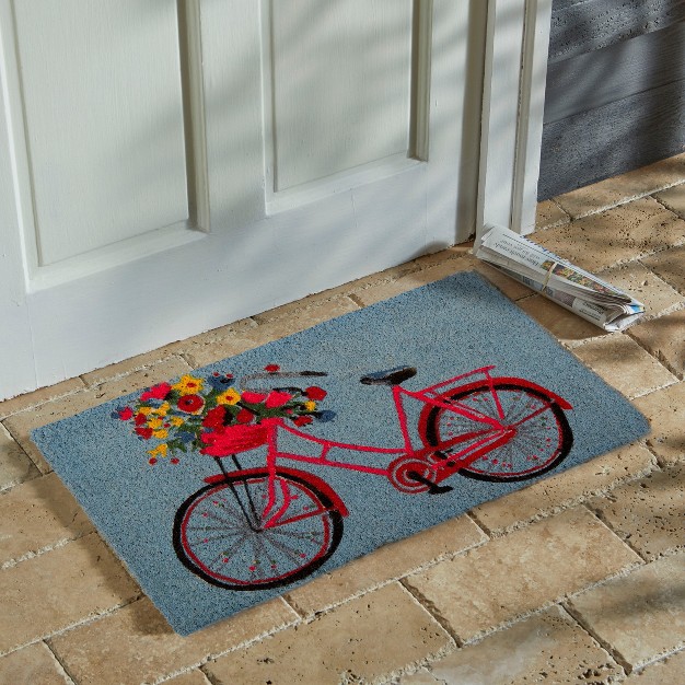 Bike Rider Coir Rectangle Indoor And Outdoor Coir Door Welcome Mat Red Bike On Blue Background