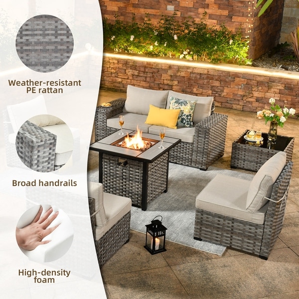 OVIOS Patio Wicker Furniture Wide Arm 7piece Fire Pit Set with Table