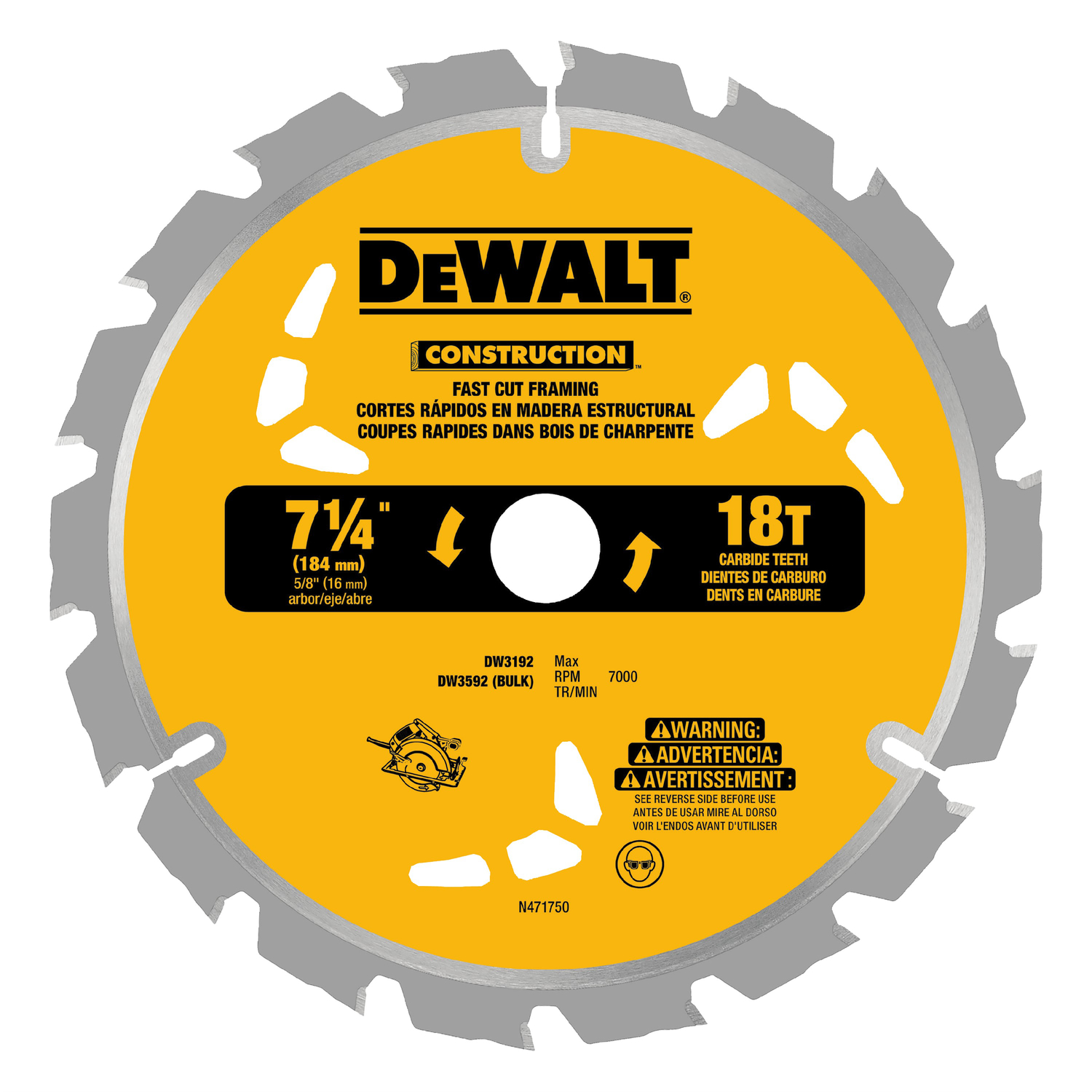 DW 7-1/4 in. D X 5/8 in. Carbide Circular Saw Blade 18 teeth 1 pk