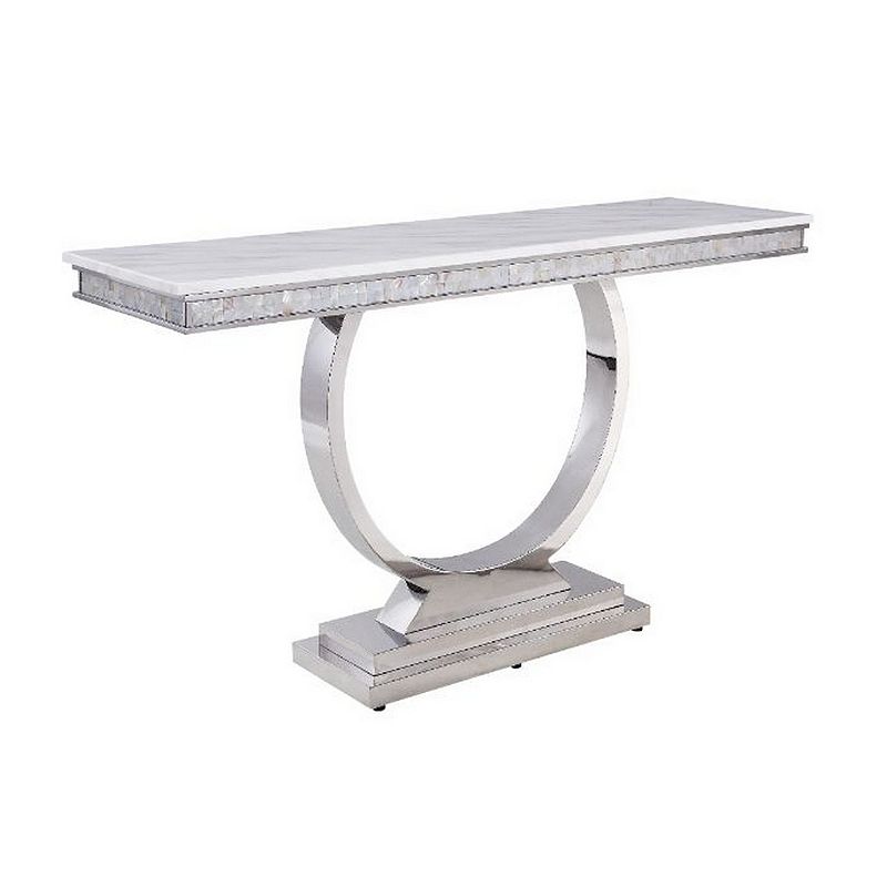 End Table with Faux Marble Top and Steel Base， White and Silver