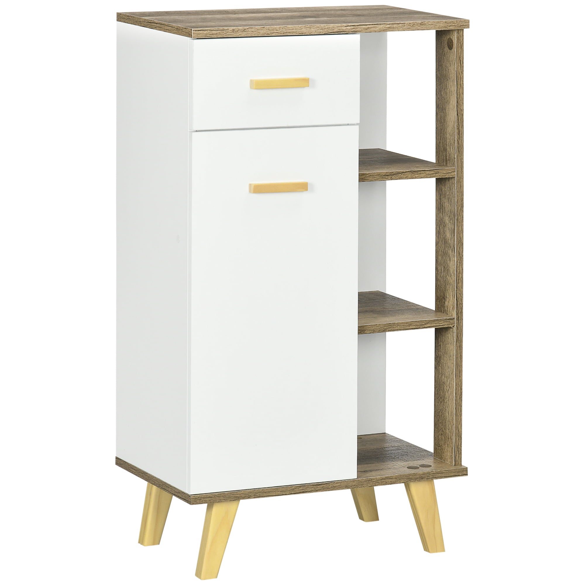 kleankin Bathroom Floor Cabinet, Side Storage Organizer Cabinet with Drawer and Shelves for Bathroom, Entryway and Kitchen, White and Natural