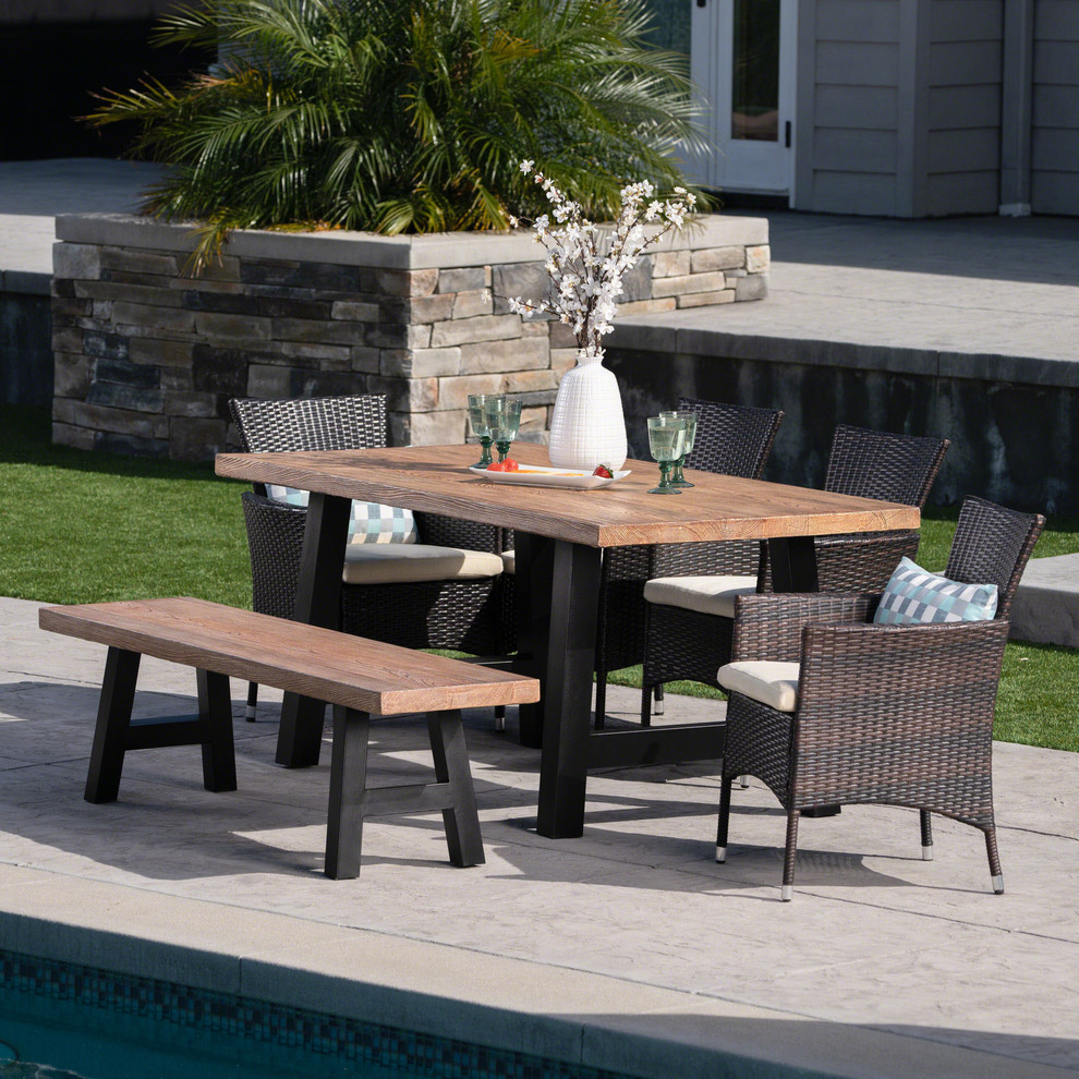 GDF Studio 6 Piece Lisa Outdoor Dining Set With Table and Bench and Cushions   Tropical   Outdoor Dining Sets   by GDFStudio  Houzz