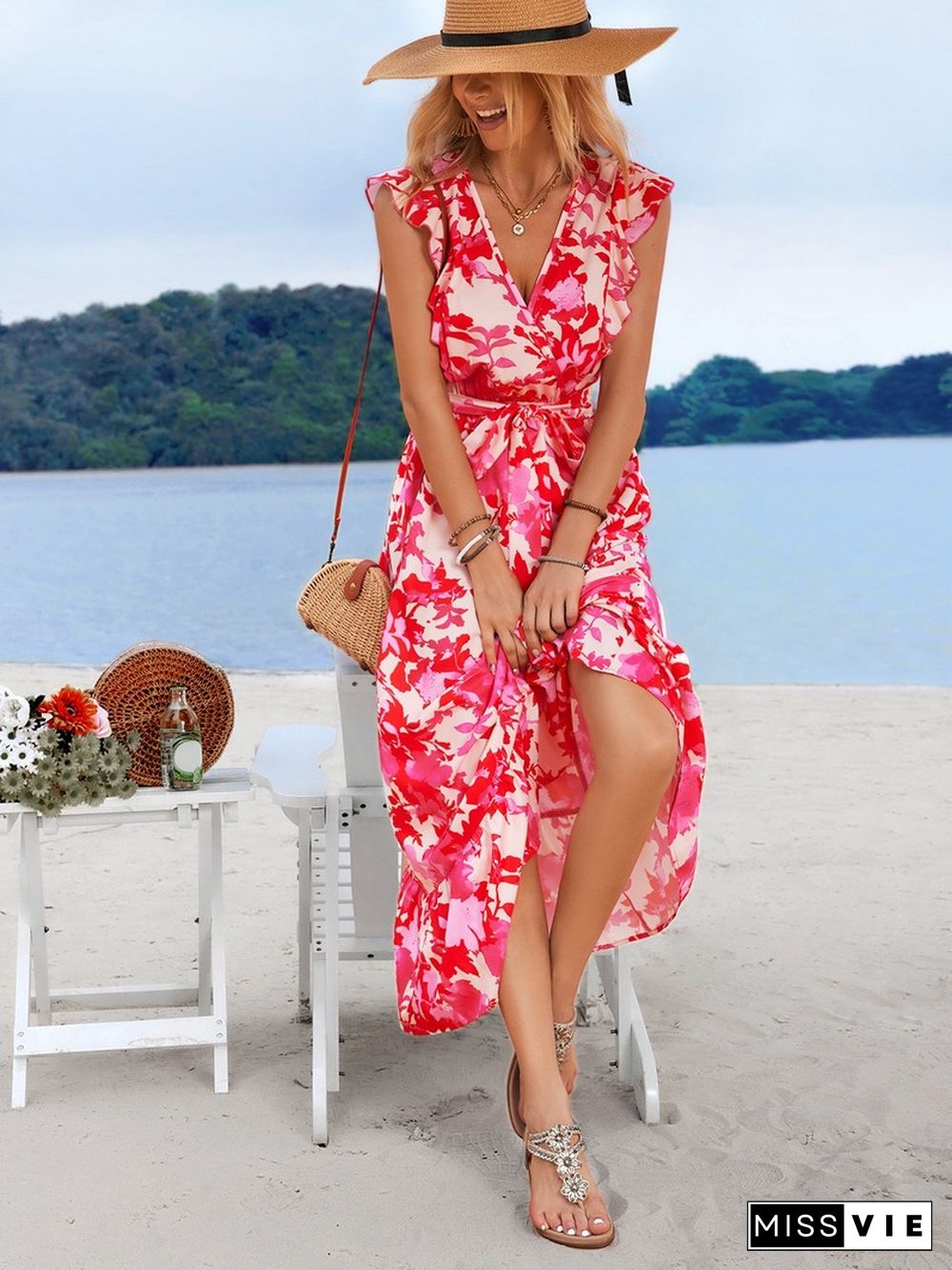 Elegant Floral Print Dress For Women Summer Dresses New Skinny V-Neck Short Flyer Sleeves Lace-up A-line Maxi Dress