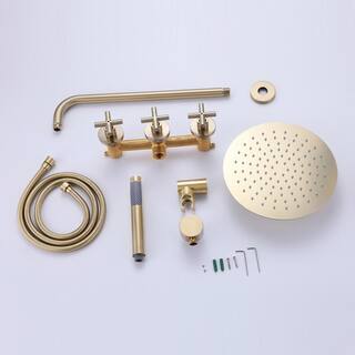 Hlihome 1-Spray Patterns with 2.5 GPM 10 in. Wall Mount Dual Shower Heads in Brushed Gold RBDK-0875-BG