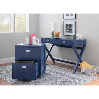 Linon Home Decor Sara Navy Blue File Cabinet with Metal Drawer Glides and Silver Handles THD02963